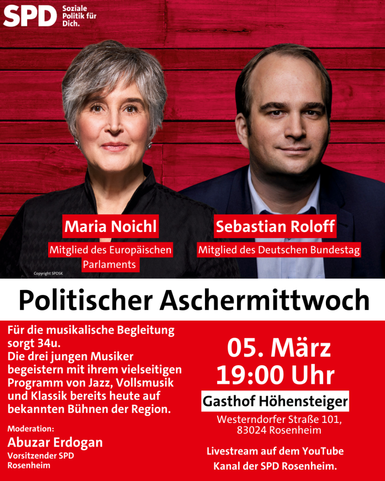 SPD Rosenheim: Politischer Aschermittwoch mit Maria Noichl, MdEP & Sebastian Roloff, MdB